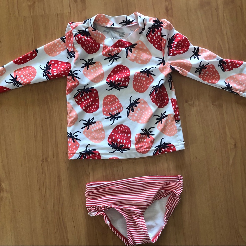 Carter's White Long-Sleeve Strawberry Print Rashguard Set - Red & Pink 5T